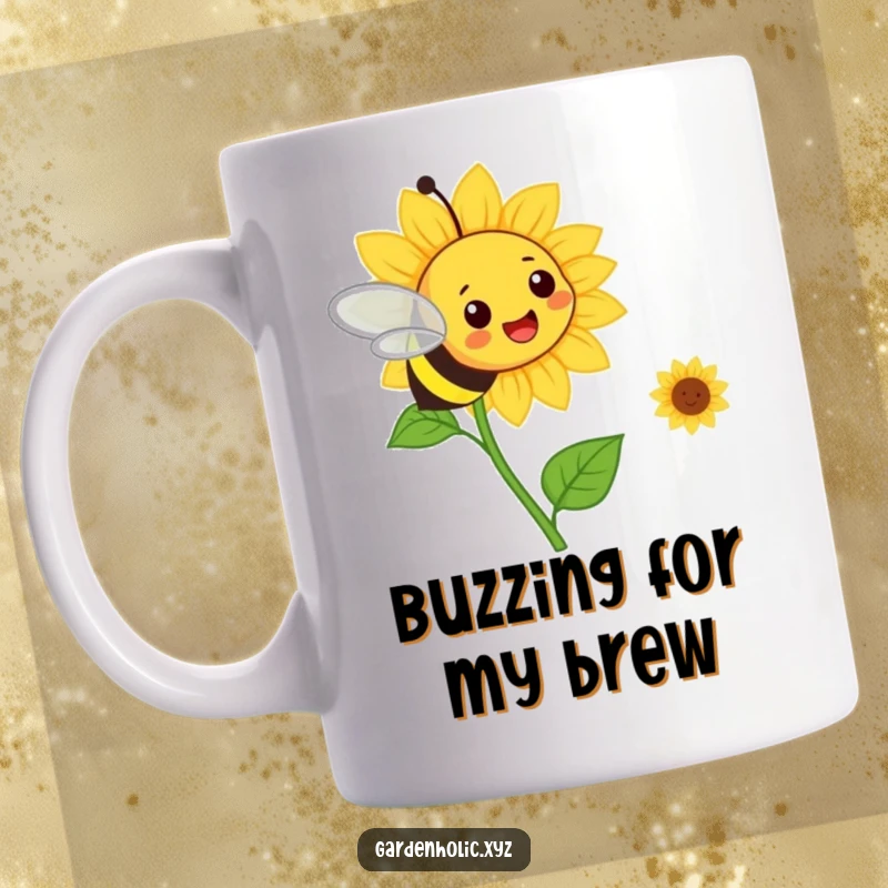Funny bee flying toward a smiling sunflower, radiating happiness on a cheerful mug. Great gift idea.