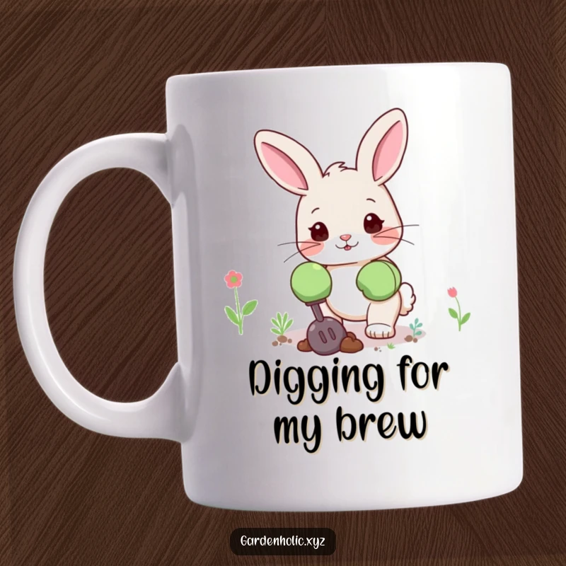 Funny bunny mug featuring a cute bunny in oversized gardening gloves, digging happily, excellent for a garden-themed fun gift.