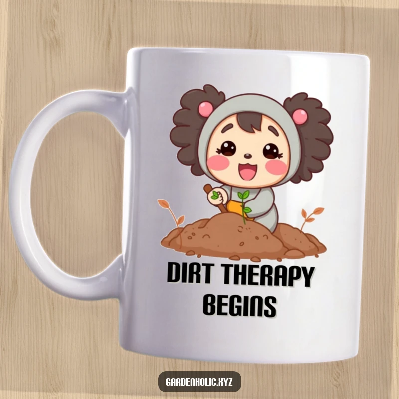 Funny mug featuring a cheerful character enthusiastically digging in dark, rich soil, embodying the joy of planting and growth.