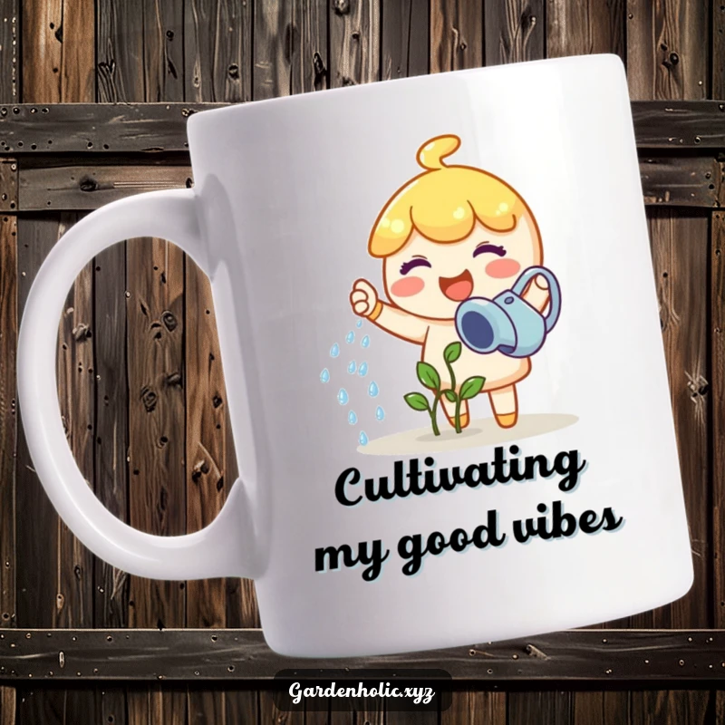 Funny joyful character with a watering can happily showering a tiny sprout, a perfect funny gift for gardeners.