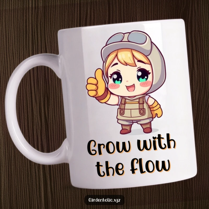 Funny mug with a character in gardening gloves giving a thumbs up, radiating pride and accomplishment in gardening.