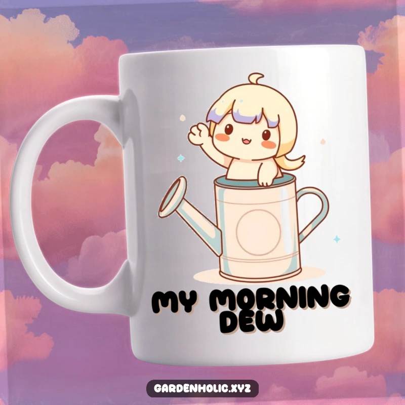 Funny mug with a tiny, cheerful character perched on a watering can, waving hello, bringing garden humor.