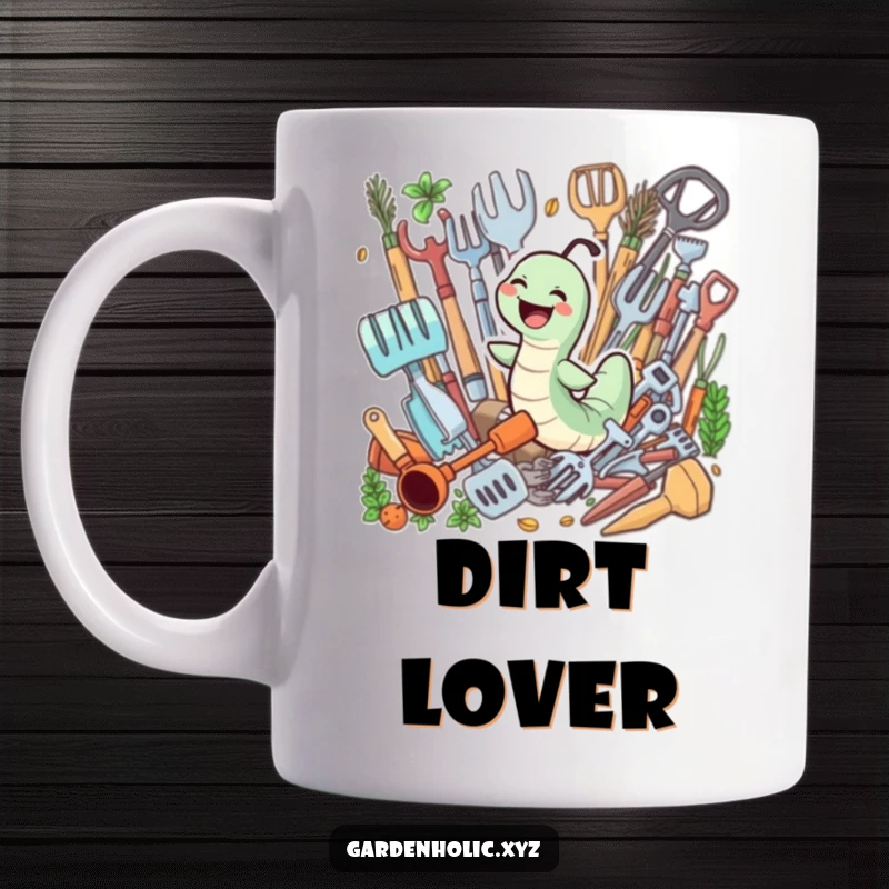 Funny mug shows a giggling worm joyfully swimming through a pile of gardening tools, representing garden delight.