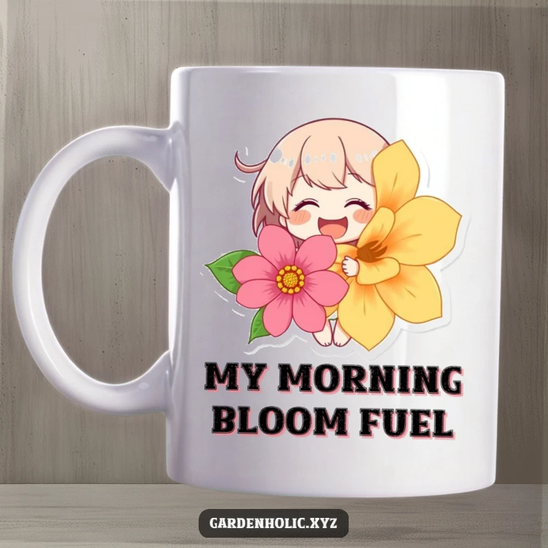 Funny mug showing a character giggling with delight while holding a large, colorful flower, radiating happiness.