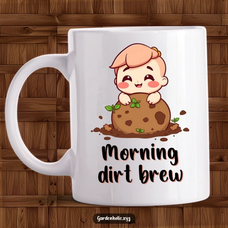 Funny mug featuring a cheerful character with a wide grin, joyfully rolling a ball of soil, celebrating gardening.