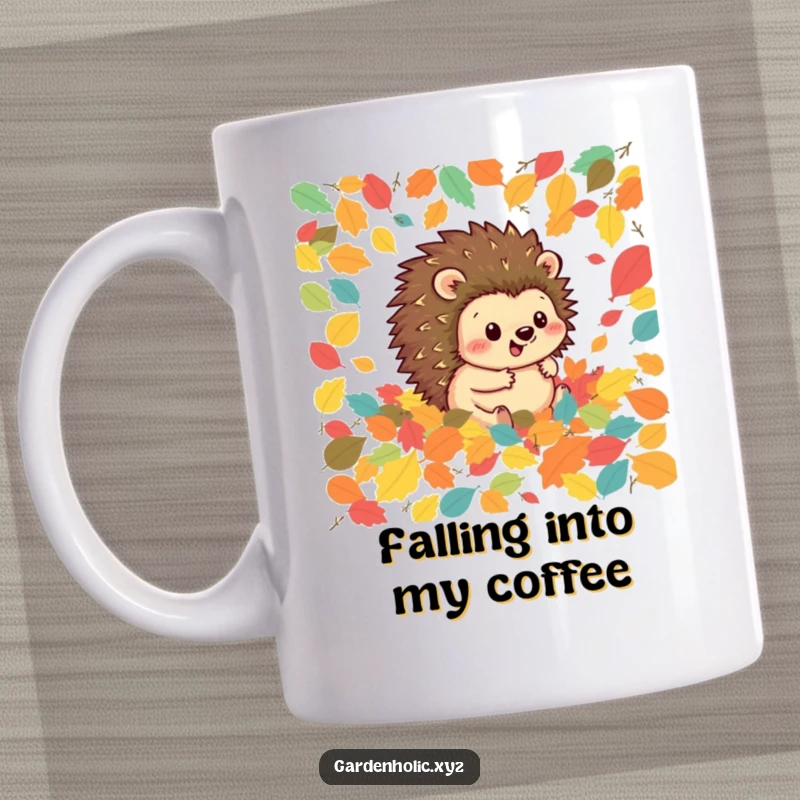 Funny hedgehog mug featuring a happy hedgehog joyfully rolling through a pile of colorful autumn leaves, celebrating fall.