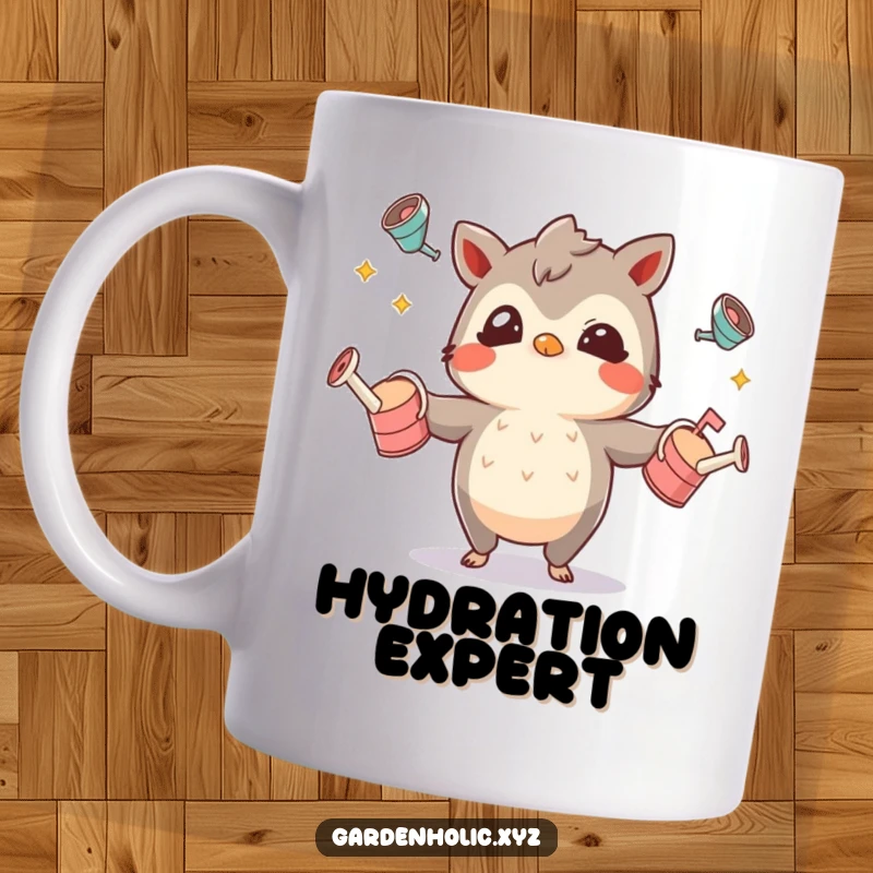 Funny mug featuring a character with a mischievous glint juggling tiny watering cans, showcasing a playful gardening skill.
