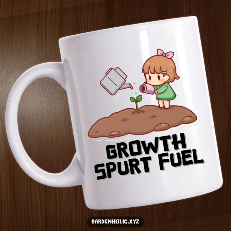 Funny mug showing a small, diligent character carefully watering a minuscule green sprout with a little watering can, symbolizing care.