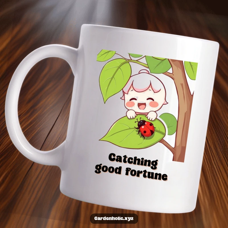 Funny mug featuring a joyful character with rosy cheeks gently catching a falling ladybug on a leaf.