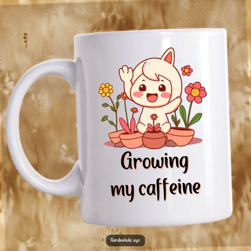 Funny mug featuring a character waving with pure delight, surrounded by cheerful, thriving plants, radiating happiness and green thumb pride.