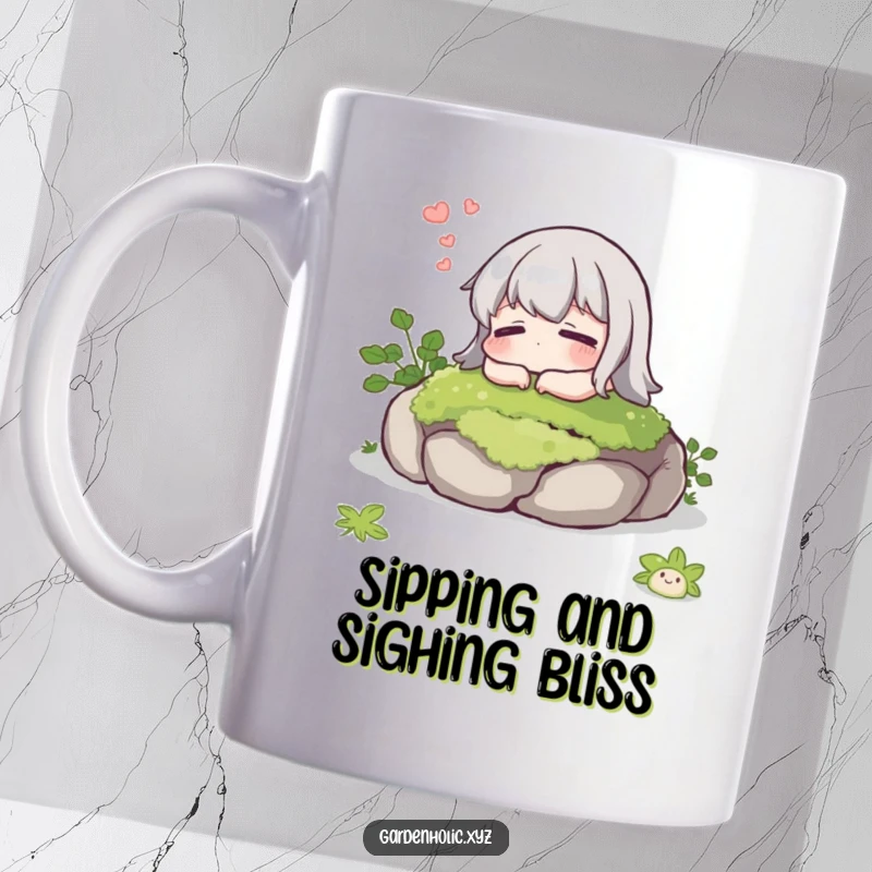 Funny mug showing a character with a contented sigh resting peacefully on a mossy stone, embodying relaxation and calm.