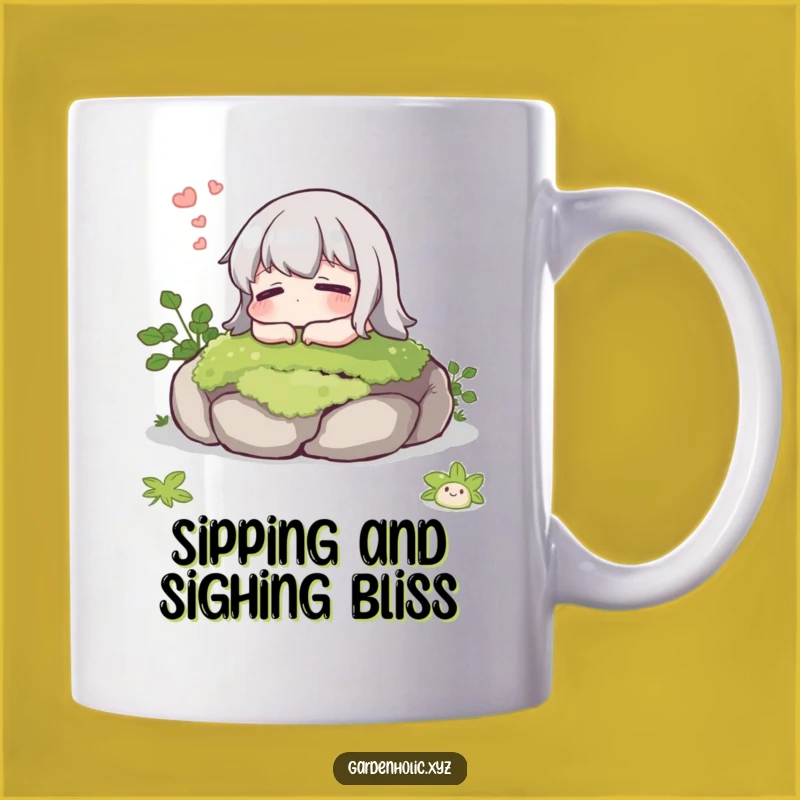 Funny Relax Mug: Content Character Sighing on Moss, Perfect Gift