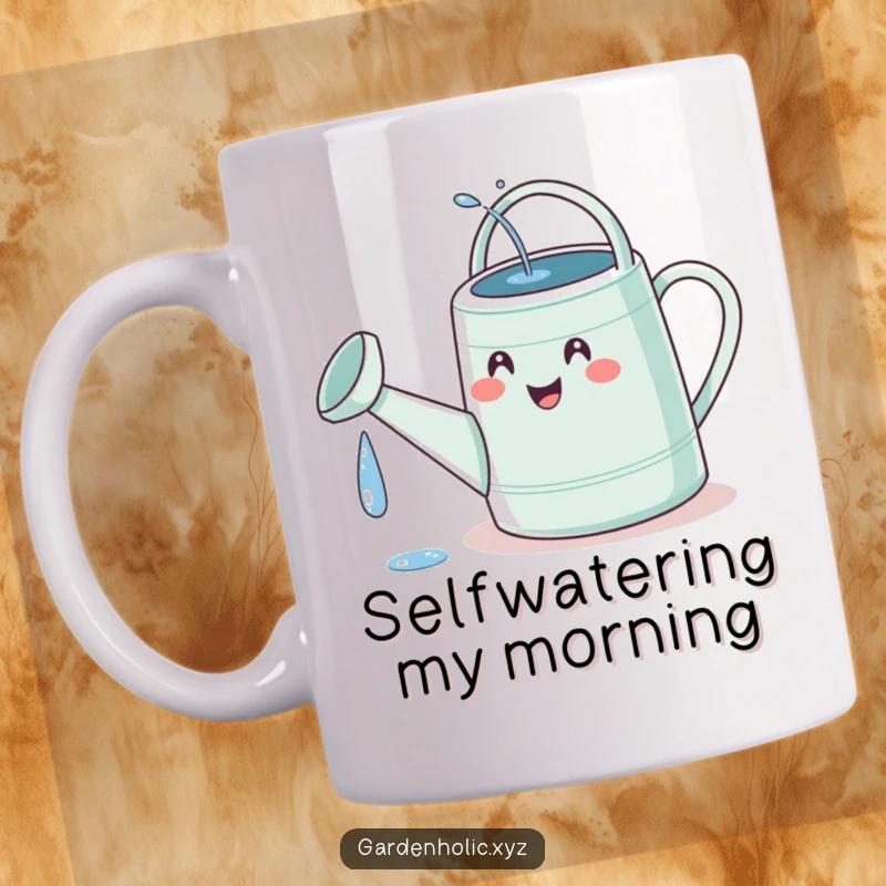 Funny self-watering can mug with a tiny, delighted face comically spilling water directly onto its own spout, depicting self-sufficiency.