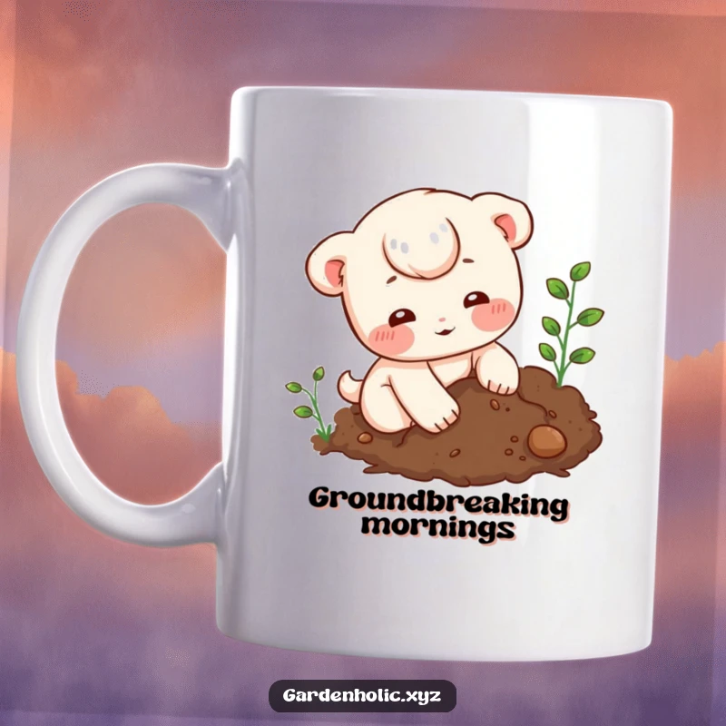 Funny Mug: Character with rosy cheeks joyfully digging in dark, rich soil, conveying enthusiasm for gardening.