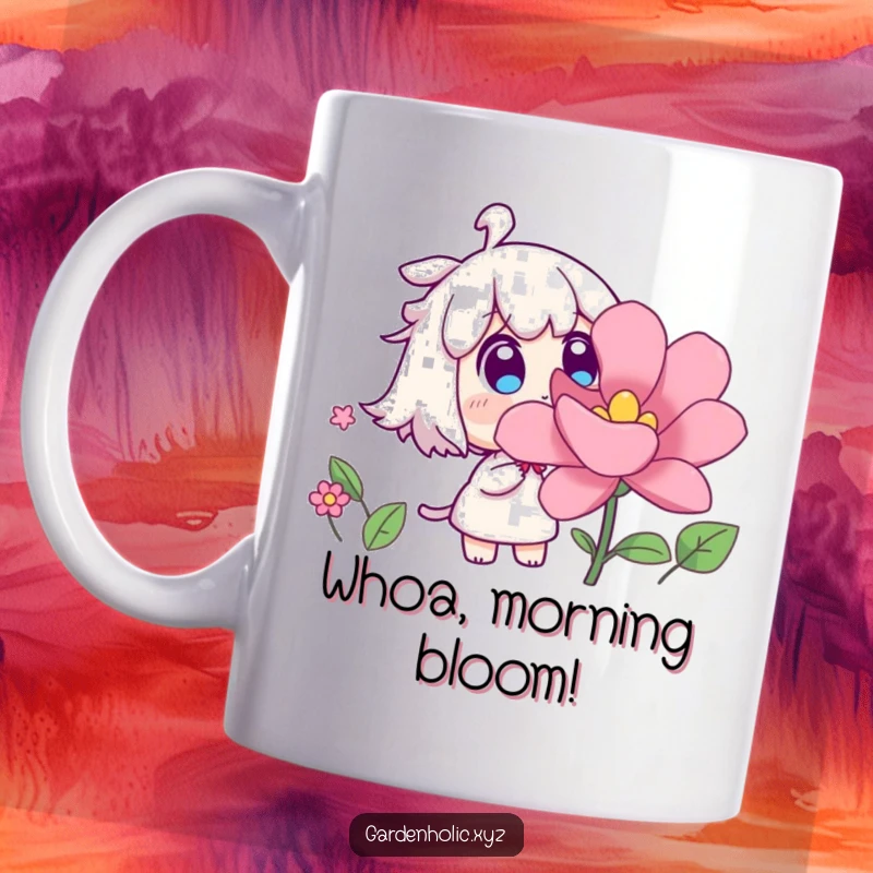 Funny mug showing a character with surprised eyes as a flower rapidly blooms, symbolizing unexpected joy and growth, a humorous gift.