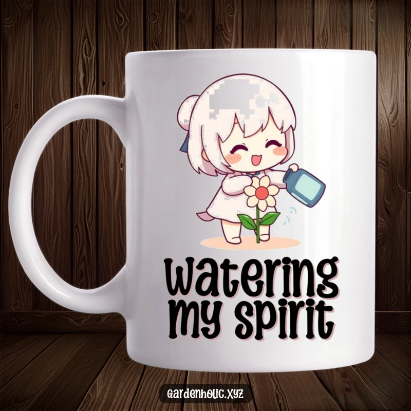 Funny character gleefully watering a small, smiling flower with a can on a mug, symbolizing care and happiness, a wonderful funny gift.