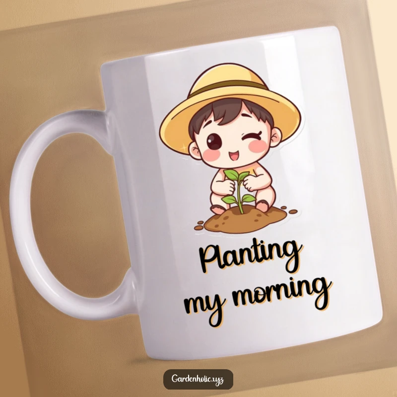 Funny Mug: Character in a sun hat winking while planting a small seed in the ground, conveying optimism.
