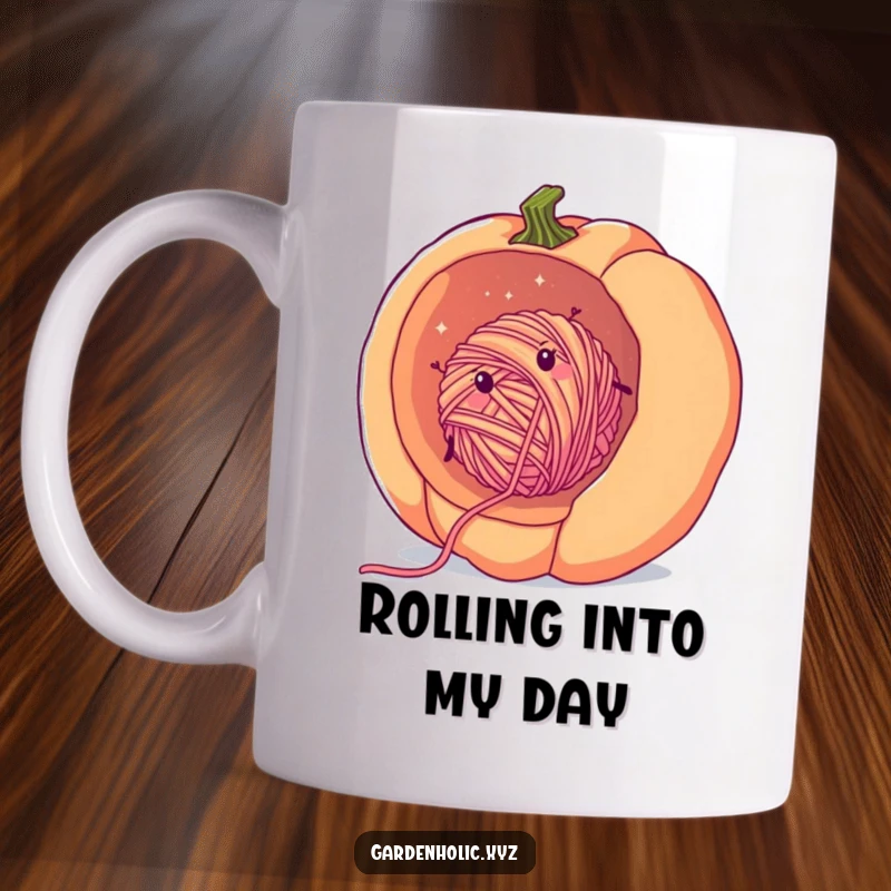 Funny yarn pumpkin mug showing a cheerful, fuzzy ball of yarn rolling downhill inside a giant pumpkin, embodying cozy fall fun.