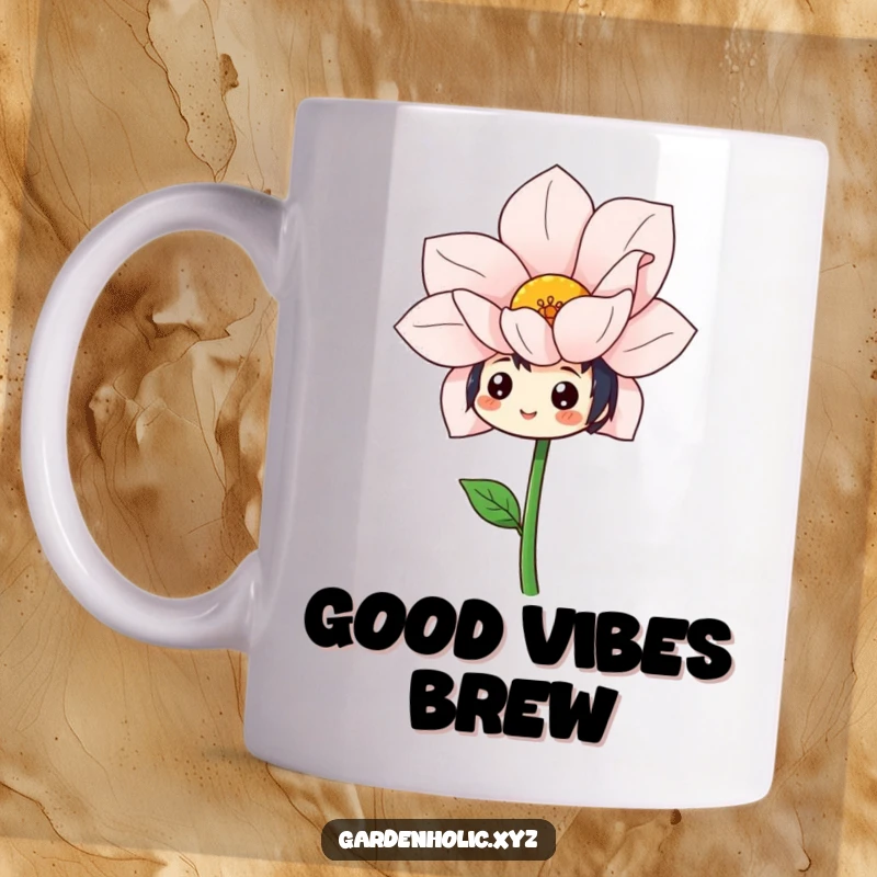 Funny mug features a character with a cheerful expression gazing in awe at a freshly bloomed, oversized flower.
