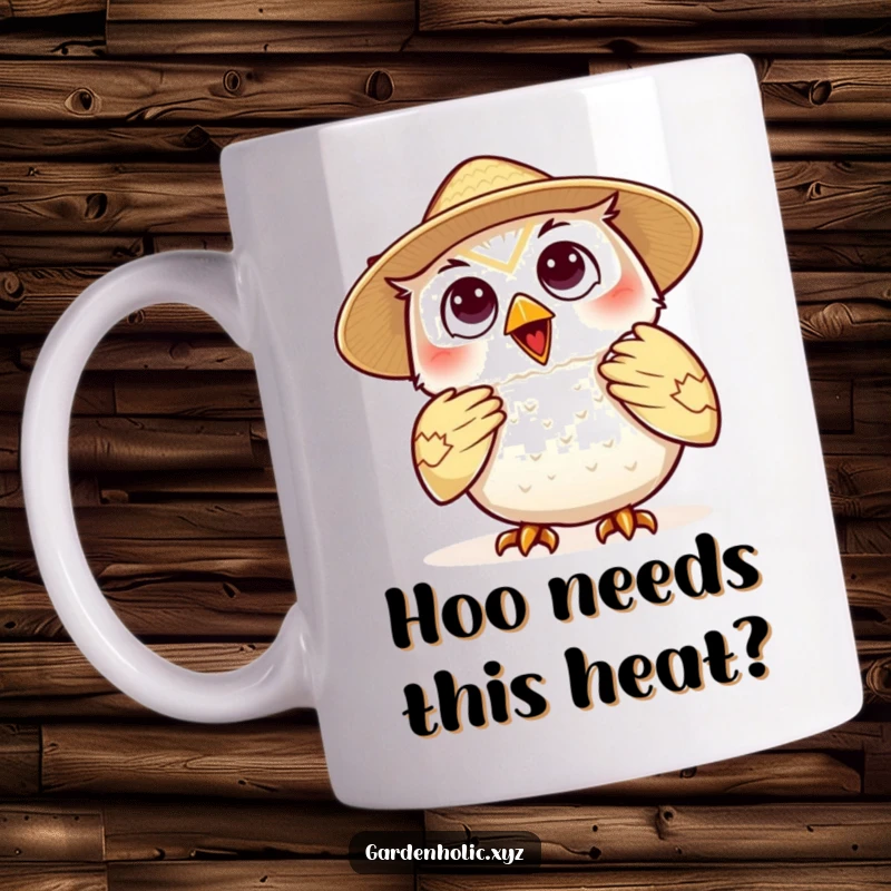 Funny owl fan mug, a delighted character wearing a cool straw hat, fanning itself lazily, expressing ultimate summer relaxation and joy.
