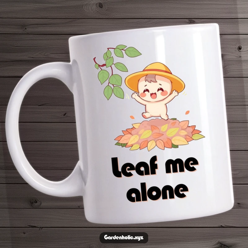 Funny mug featuring a joyful character in a sun hat happily bouncing on a soft pile of colorful autumn leaves.