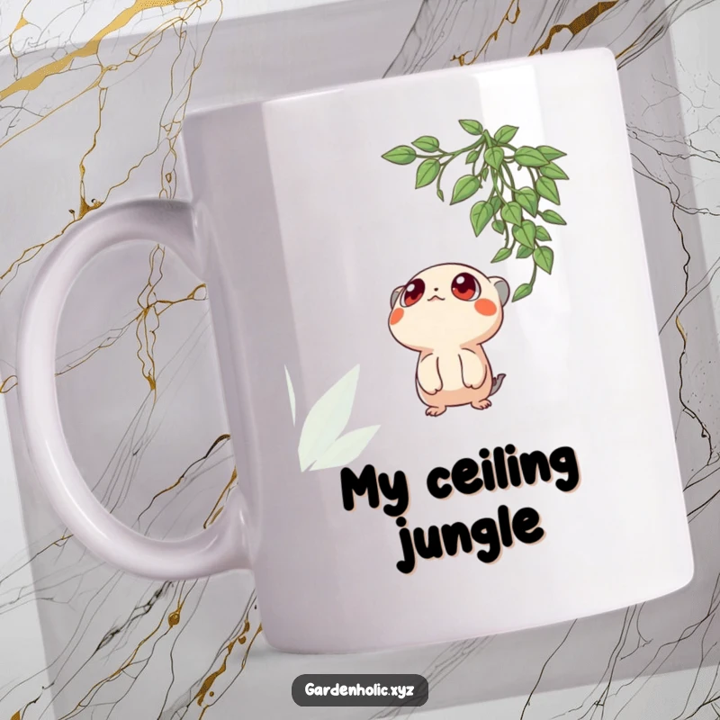 Funny mug featuring a cute creature with large, expressive eyes looking upwards in wonder at a lush hanging plant.