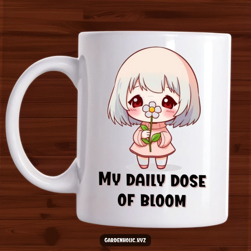 Funny Mug: A character beaming with pride while holding up a small, vibrant flower in full bloom.