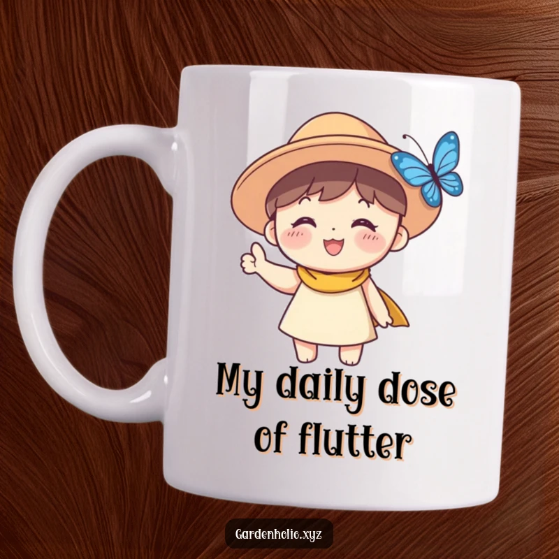 Funny Sun Hat Character Mug: A smiling, happy character in a sun hat waves enthusiastically at a fluttering butterfly, bringing cheerful vibes.
