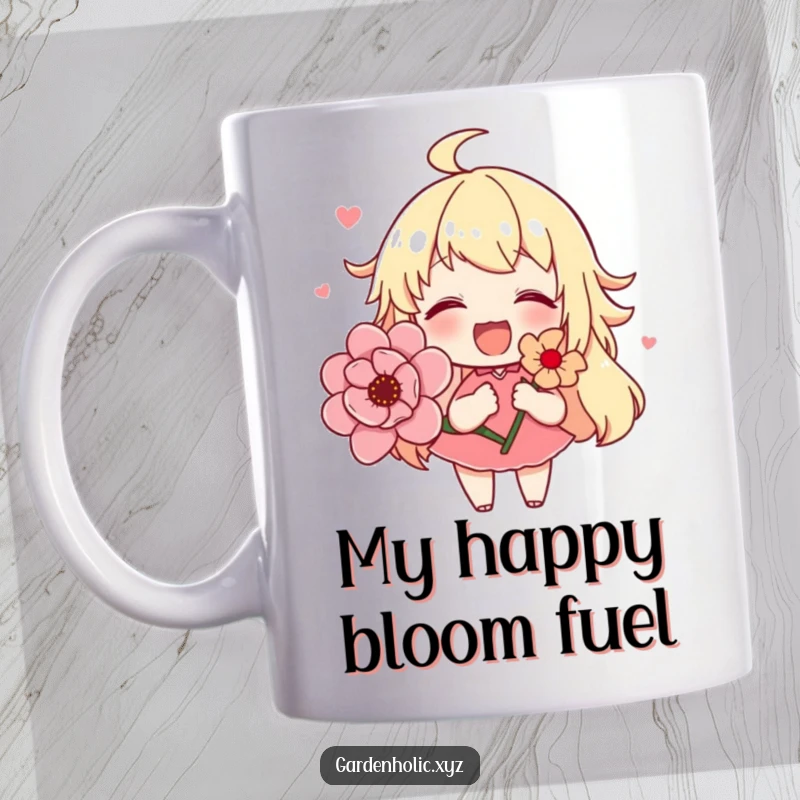 Funny mug featuring a cute character with a beaming smile, joyfully presenting a vibrant, blooming flower, symbolizing happiness and growth.