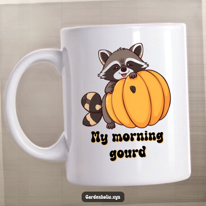 Funny raccoon mug showing a giggling raccoon struggling to balance a huge pumpkin, symbolizing autumn fun and playful challenges.