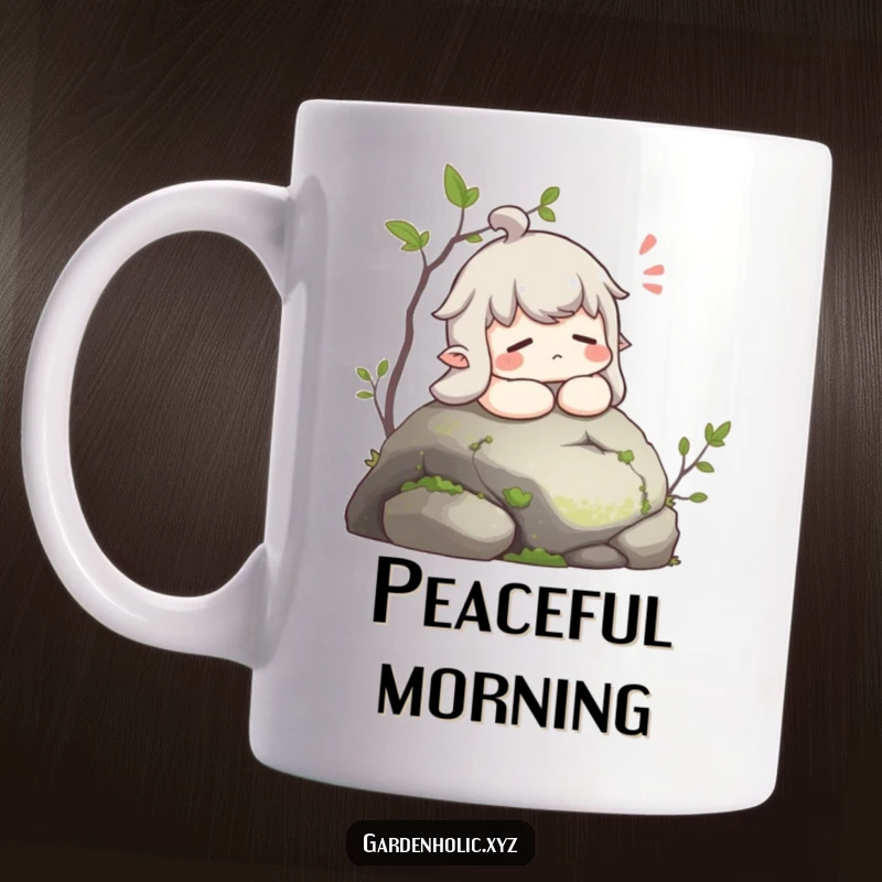 Funny mug shows a character exhaling with a contented sigh while resting peacefully on a mossy stone.
