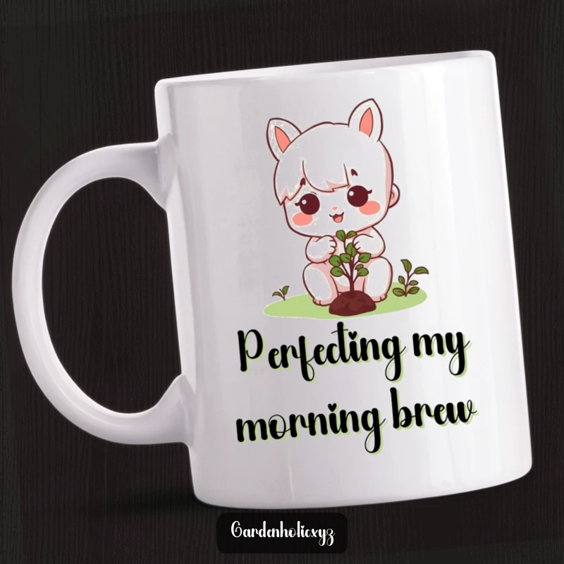 Funny mug showing a character with a happy, focused expression meticulously pruning a miniature bush with gardening shears.