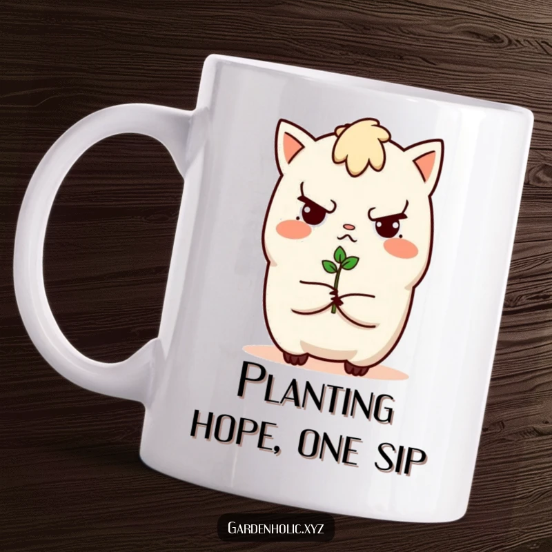 Funny mug featuring a determined character with a tiny sprout, symbolizing growth and perseverance, perfect for plant lovers and a funny gift.