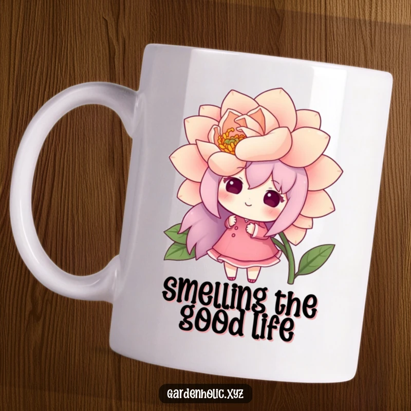 Funny mug showing a cheerful character admiring a freshly bloomed, oversized flower, symbolizing joy and appreciation for nature.