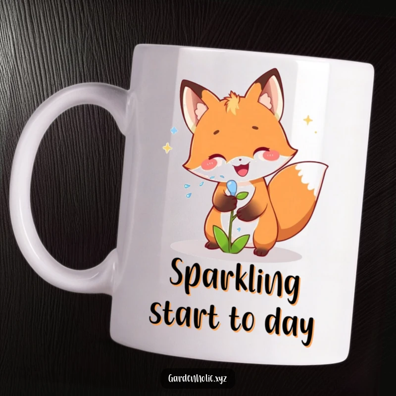 Funny fox mug featuring a joyful fox character showering a small plant with sparkling water, excellent for a nature-themed fun gift.