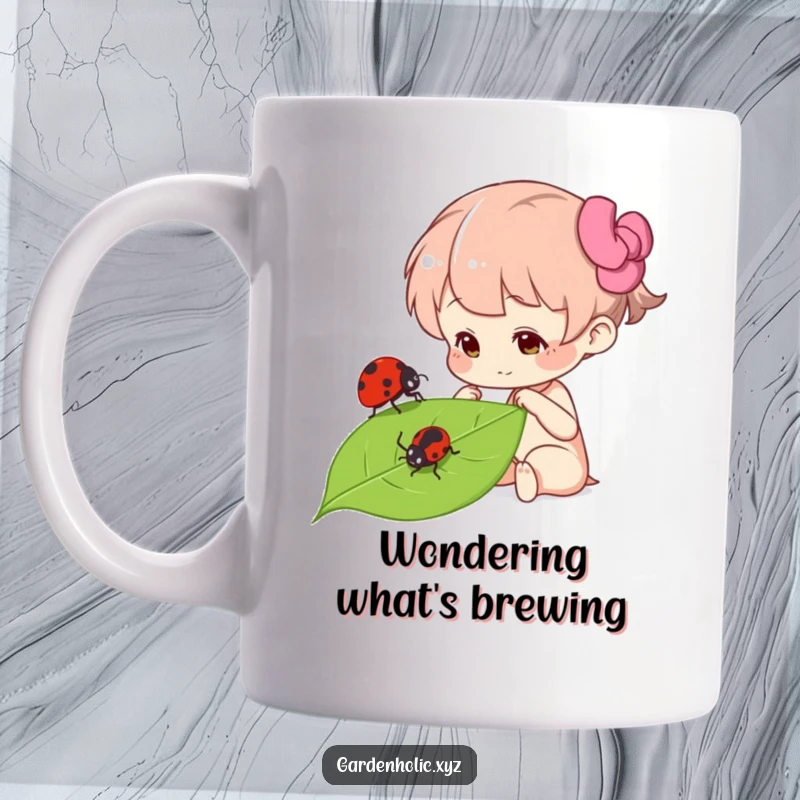 Funny curious character examining a ladybug on a leaf, with wide eyes on this ceramic mug, a charming funny gift.