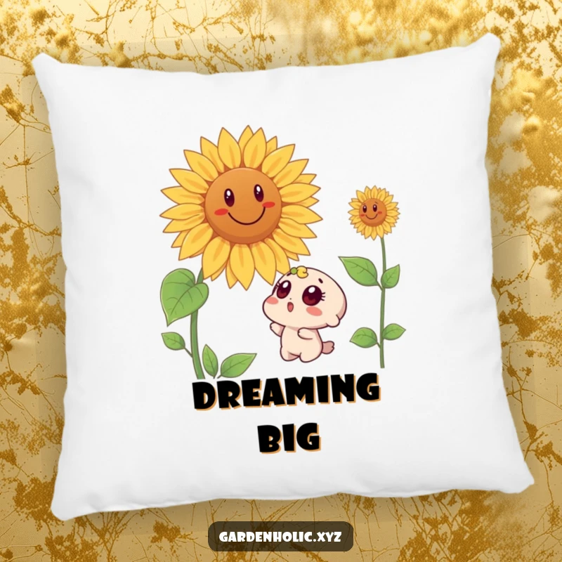Funny pillow featuring a wide-eyed surprised character gazing at a huge, happy sunflower, bringing a touch of humorous nature to any room.