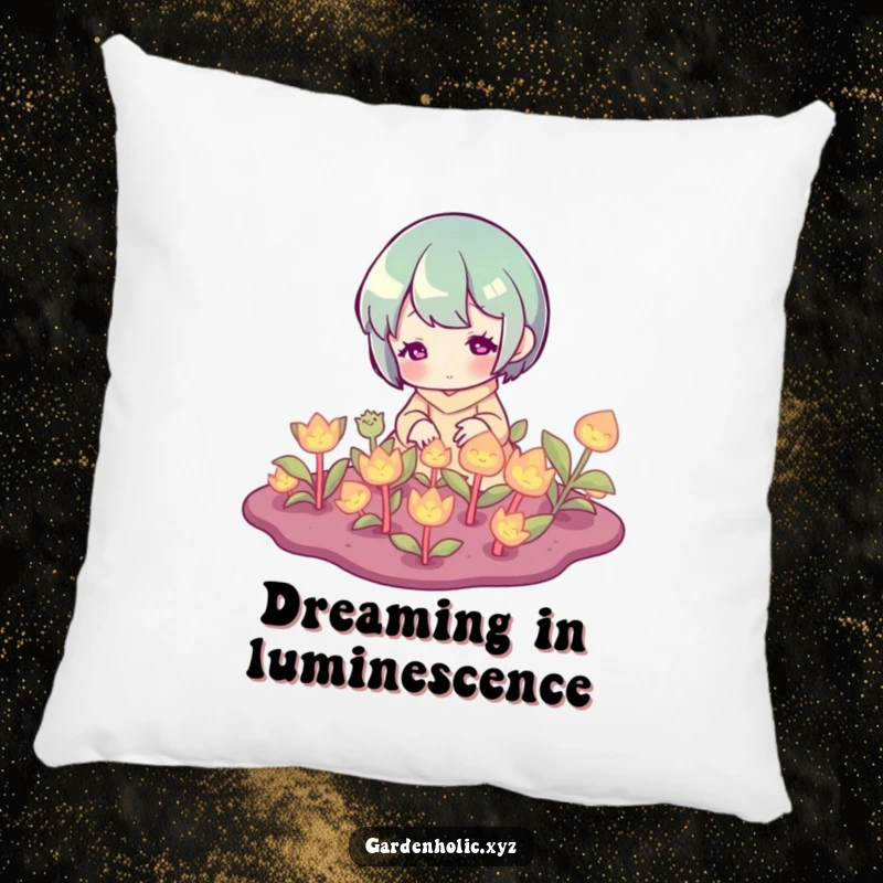 Funny Pillow: Soft cushion depicting a character happily tending to a patch of softly glowing plants, for cozy vibes.