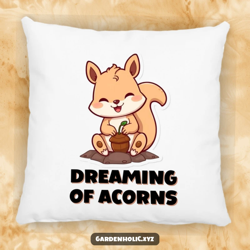 Funny squirrel pillow, a cute smiling character planting a tiny acorn, perfect for adding a touch of nature-themed comfort and humor.