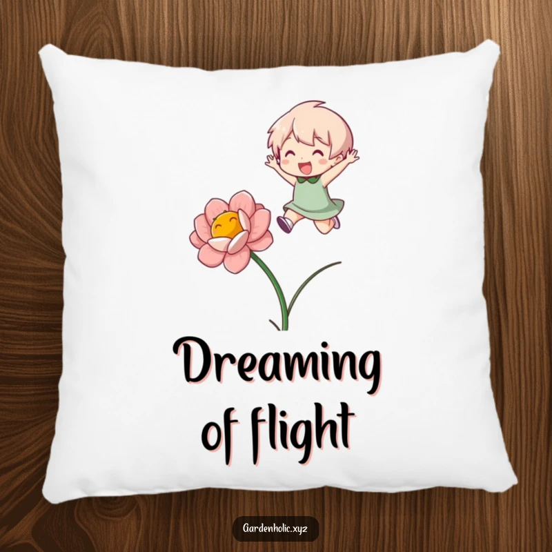 Funny Pillow: A soft cushion featuring a character gleefully jumping over a blooming flower, adding playful decor.