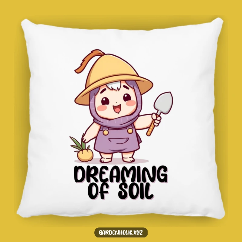 Funny Gardener Pillow: Comfy Character with Hat Waving Trowel - Cozy Accent Gift