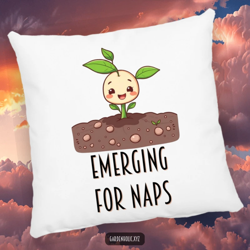 Funny sprout character popping cheerfully out of the ground on a plush pillow.