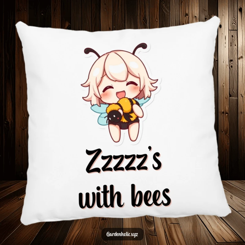 Funny pillow featuring a character giggling with a buzzing bumblebee held gently in their hands, perfect for cozy decor.