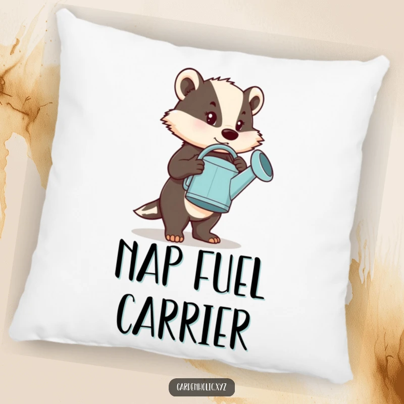 Funny Pillow: A determined badger character holding a comically large watering can, offering comfort and a humorous touch.