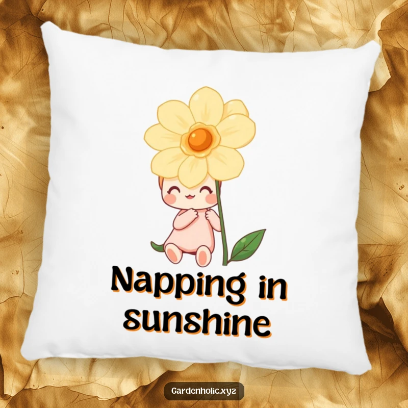 Funny pillow with a happy character blissfully admiring a vibrant, blooming flower, providing comfort and a cheerful decorative accent.