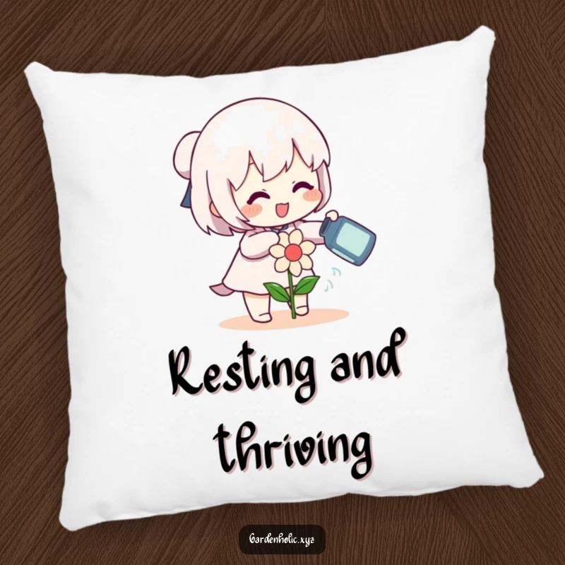 Funny character gleefully watering a small, smiling flower with a can on a plush pillow, offering cozy comfort and cheer, a perfect funny gift.