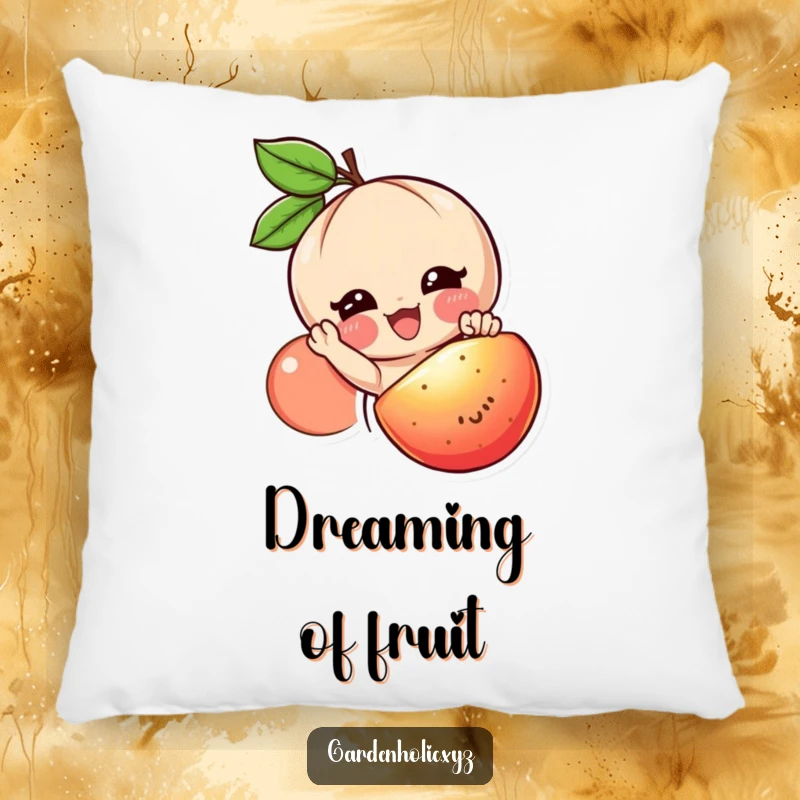 Funny fruit lover pillow with a smiling character reaching for a juicy, ripe fruit, offering comfort and cheer.