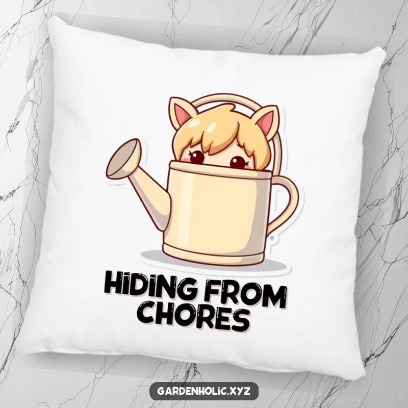Funny pillow featuring a mischievous character peeking from behind a giant watering can, adding playful charm.
