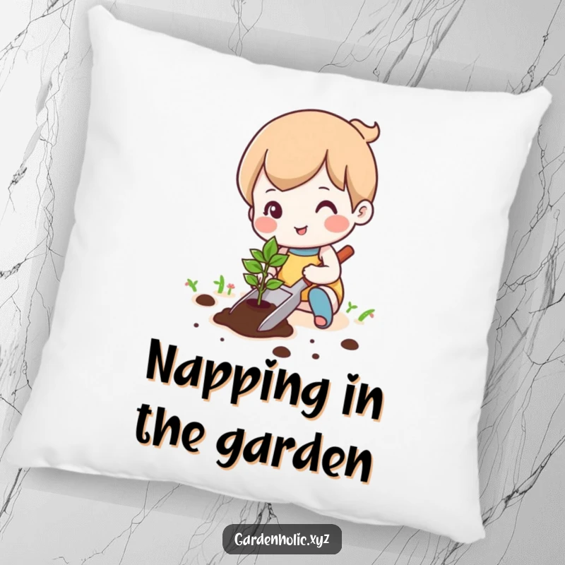 Funny cute character happily planting a tiny seedling with a trowel on a plush pillow, offering cozy comfort and gardening joy, a perfect funny gift.