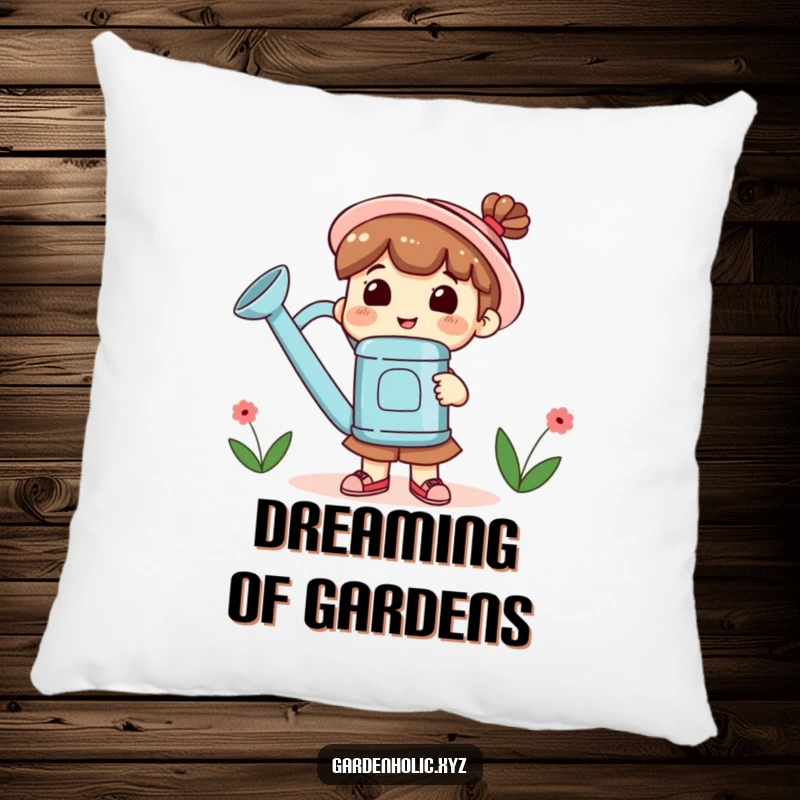 Funny Pillow showcasing a smiling character holding a giant watering can, offering comfort and horticultural charm.